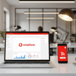 Vodafone Business dashboard open on a laptop and phone in an office