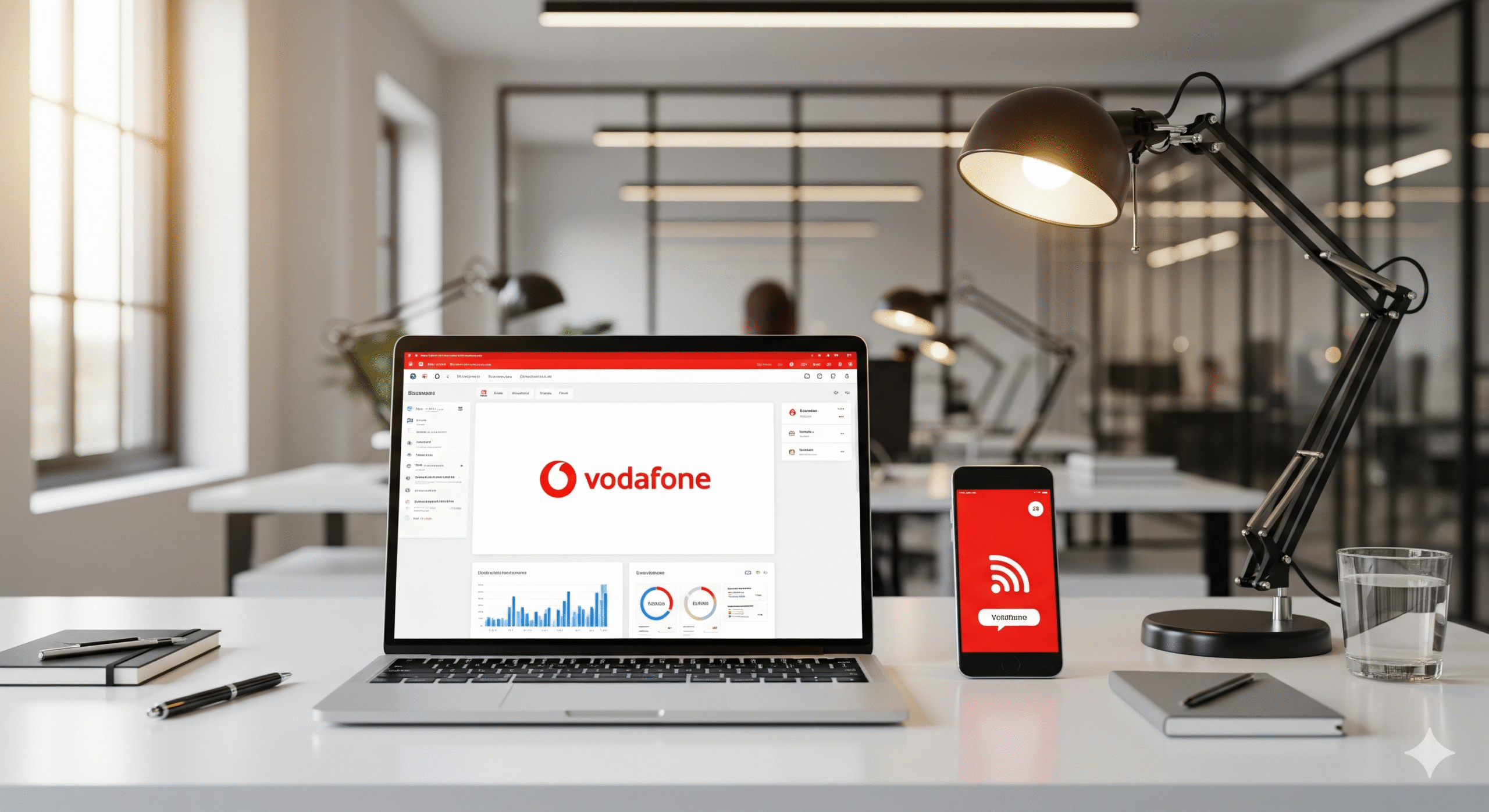 Vodafone Business dashboard open on a laptop and phone in an office