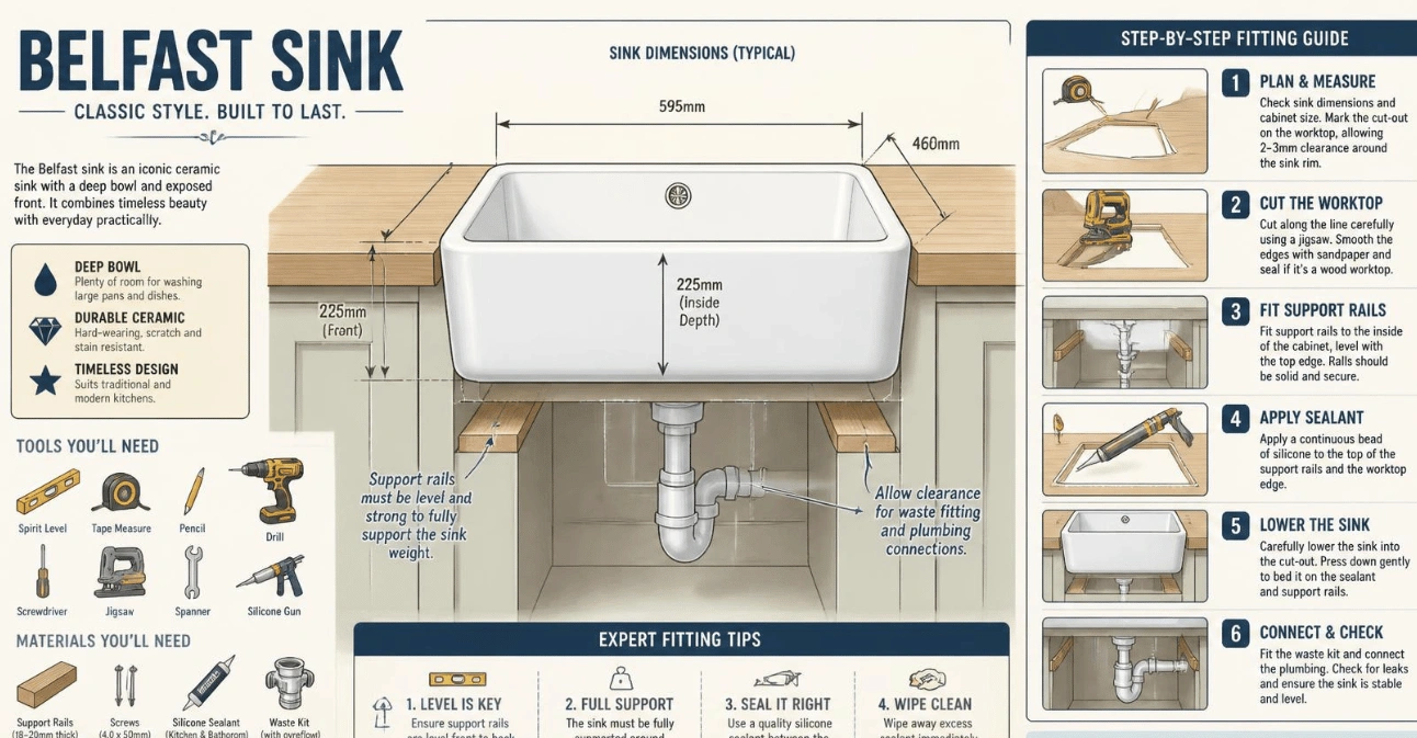 Belfast Sink Guide: Sizes, Benefits, Drawbacks, Installation Tips, Butler Sink Differences, and Everything to Know Before Buying